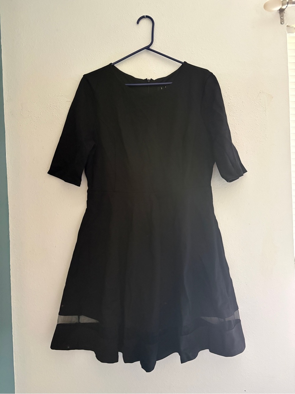 Lulu's Black Short-Sleeve Fit-and-Flare Dress with Mesh Hem